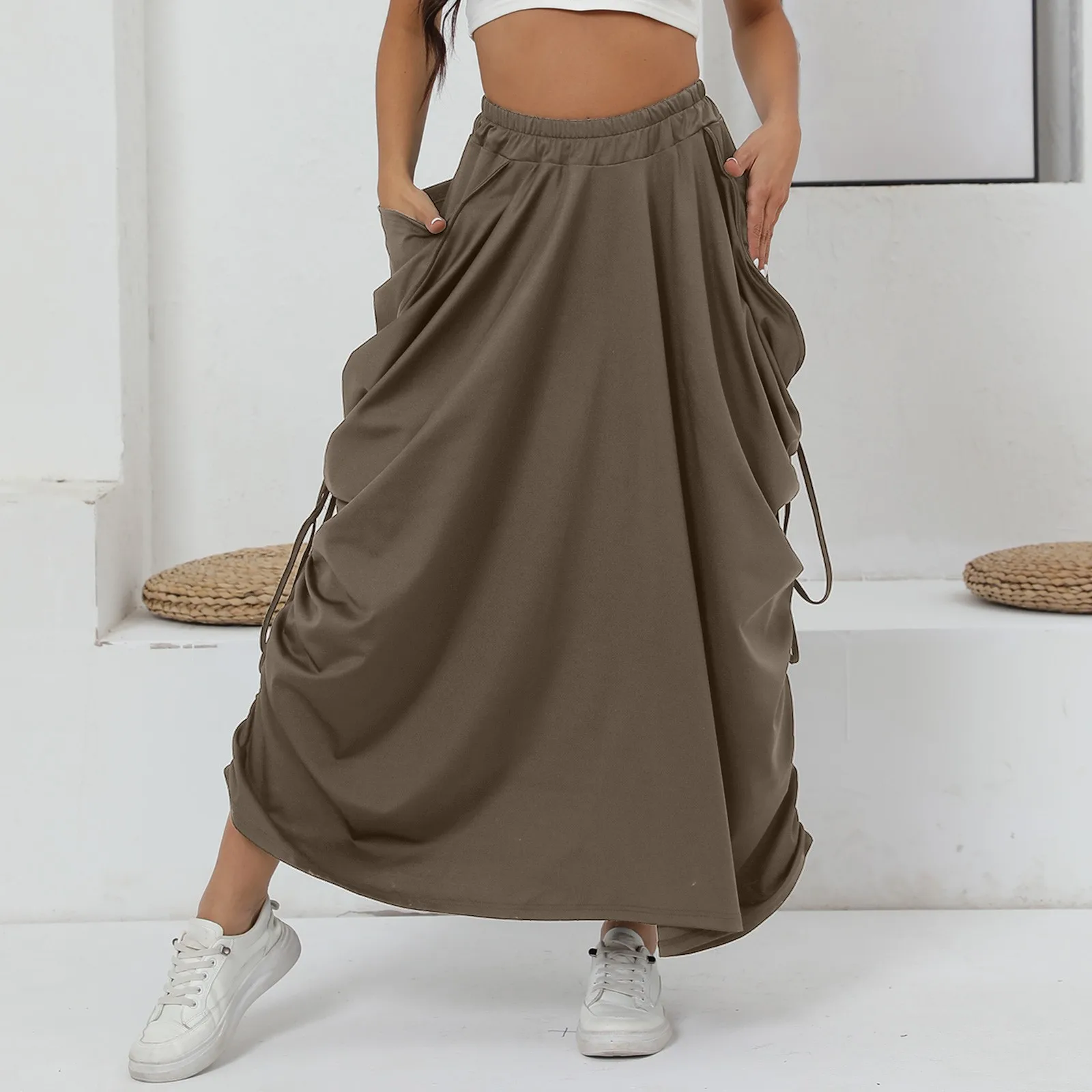 Vestido de falda circular con hombros descubiertos y bolsillos Melocotón