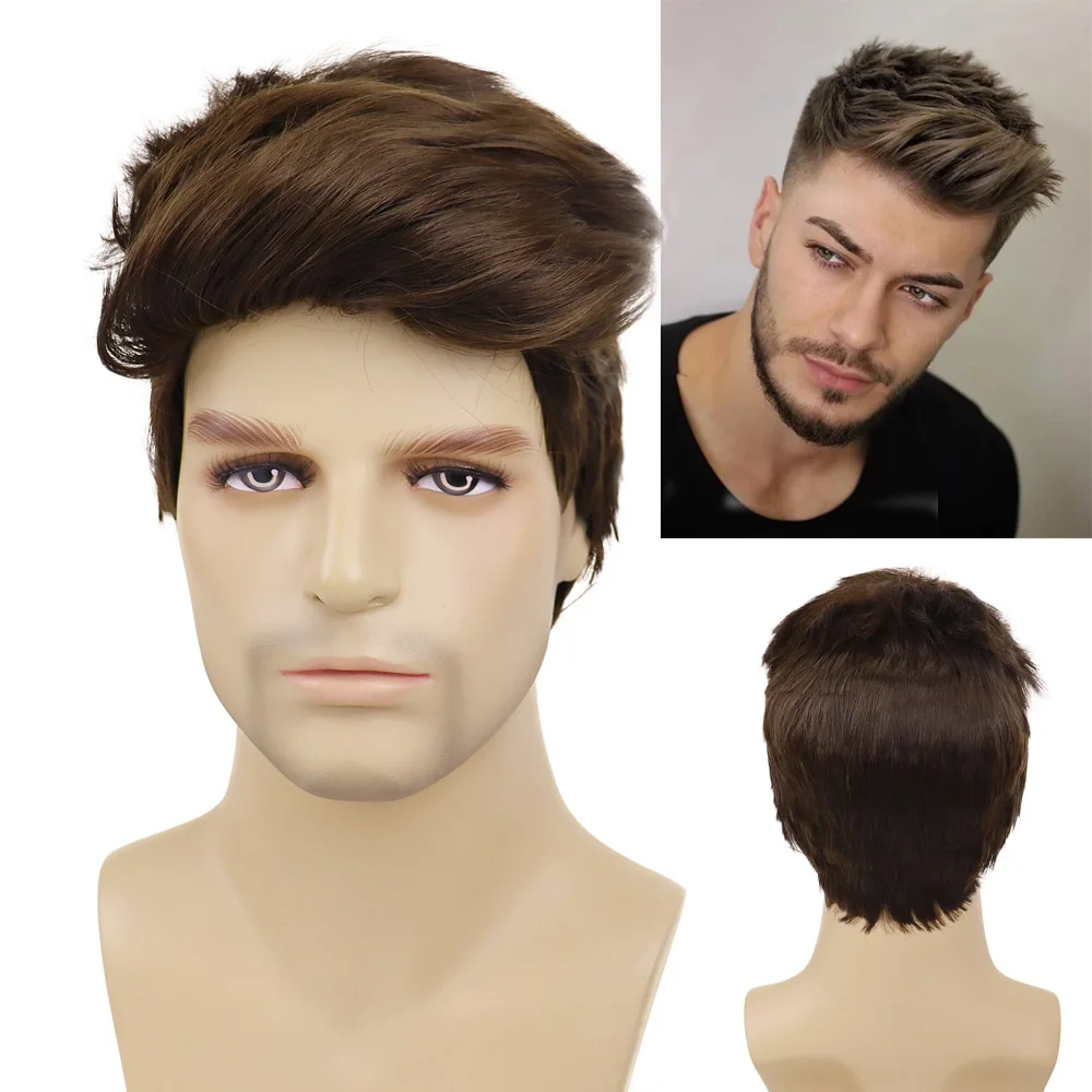 

GNIMEGIL Short Male's Synthetic Hair Wig for Men Straight Natural Looking Brown Wigs Cosplay Costume Party Halloween Daily Use