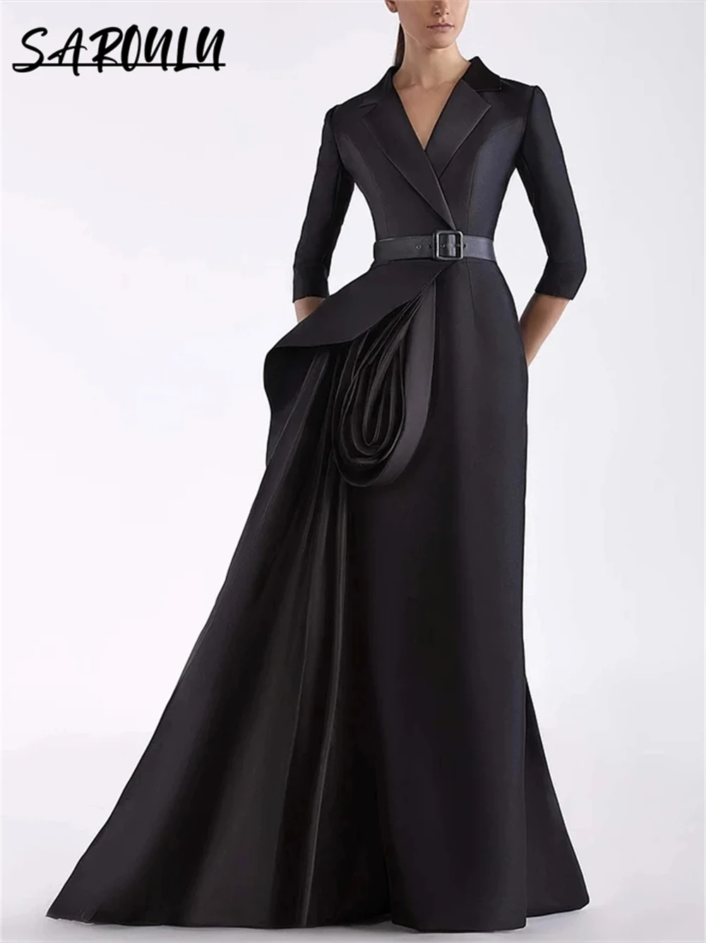

Black Suit Dress For Women With Belt Three Quarter Sleeves Satin Sheath Evening Gown Wedding Party Dresses Plus Size