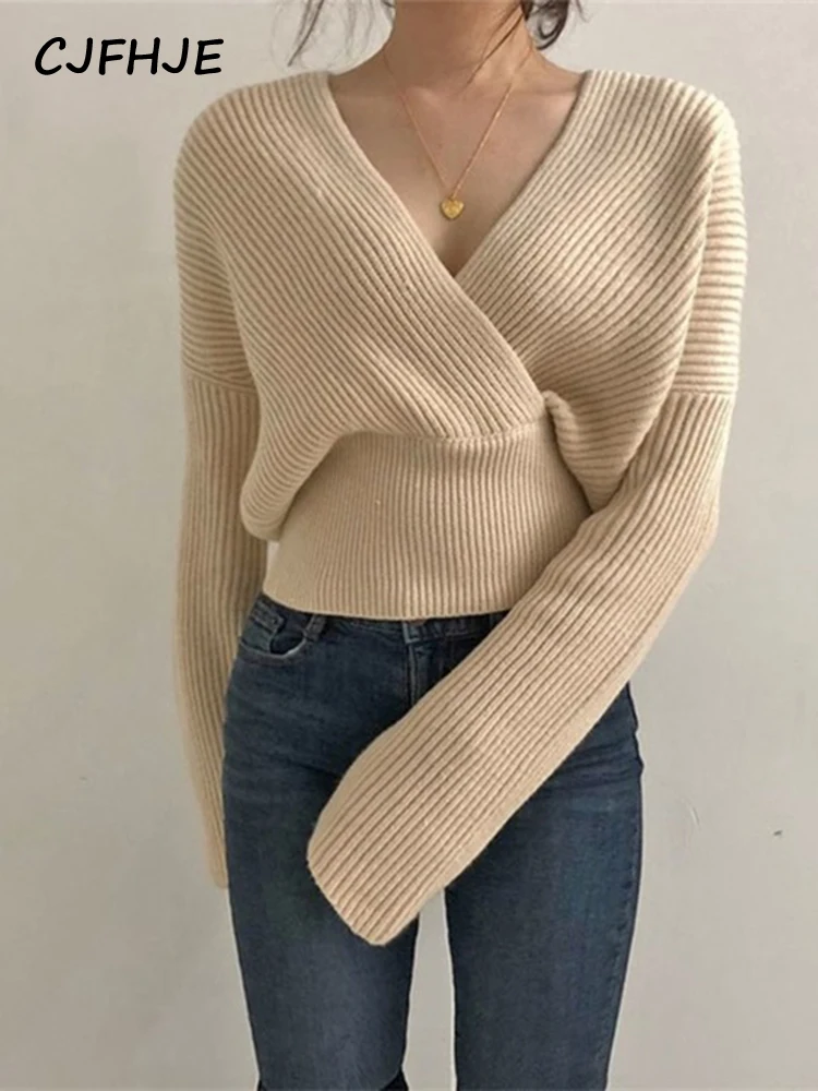 

CJFHJE осенне-зимние женские свитера вязаные модные сексуальные пуловеры с V-образным вырезом женские простые черные повседневные корейские пуловеры
