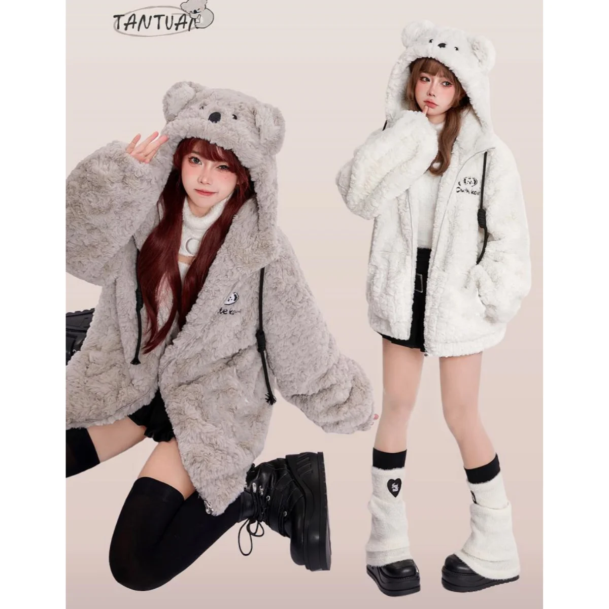 Sweet Girl Cute Ears Loose Hooded Lamb Wool Coat Women Winter New Kawaii Cartoon Pocket Soft Plush Thick Casual Jackets winter baby hat scarf set faux lamb wool infant bonnet toddler turban hat baby beanie for girl boy warm head wrap kids headwear