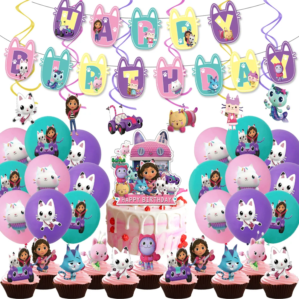 Party Supplies Gabby Dollhouse Birthday Party Decorations Balloons Plates Cup Napkins Backdrop Tableware Pink Girls