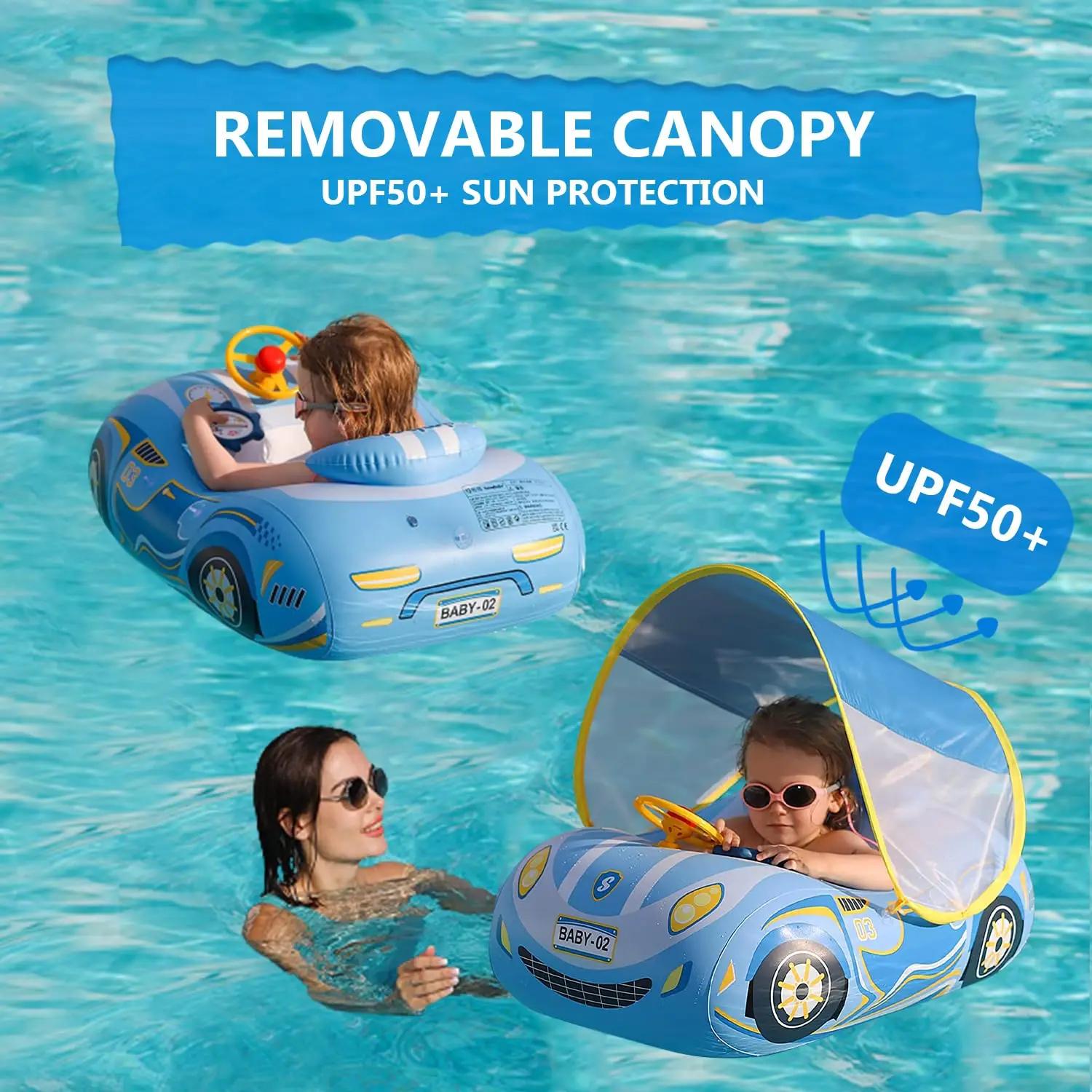 Kid Car Swimming Seat Float Ring Inflatable Infant Floating for Summer Swim Boat Circle Bathing Pool Water Toy with Canopy 4
