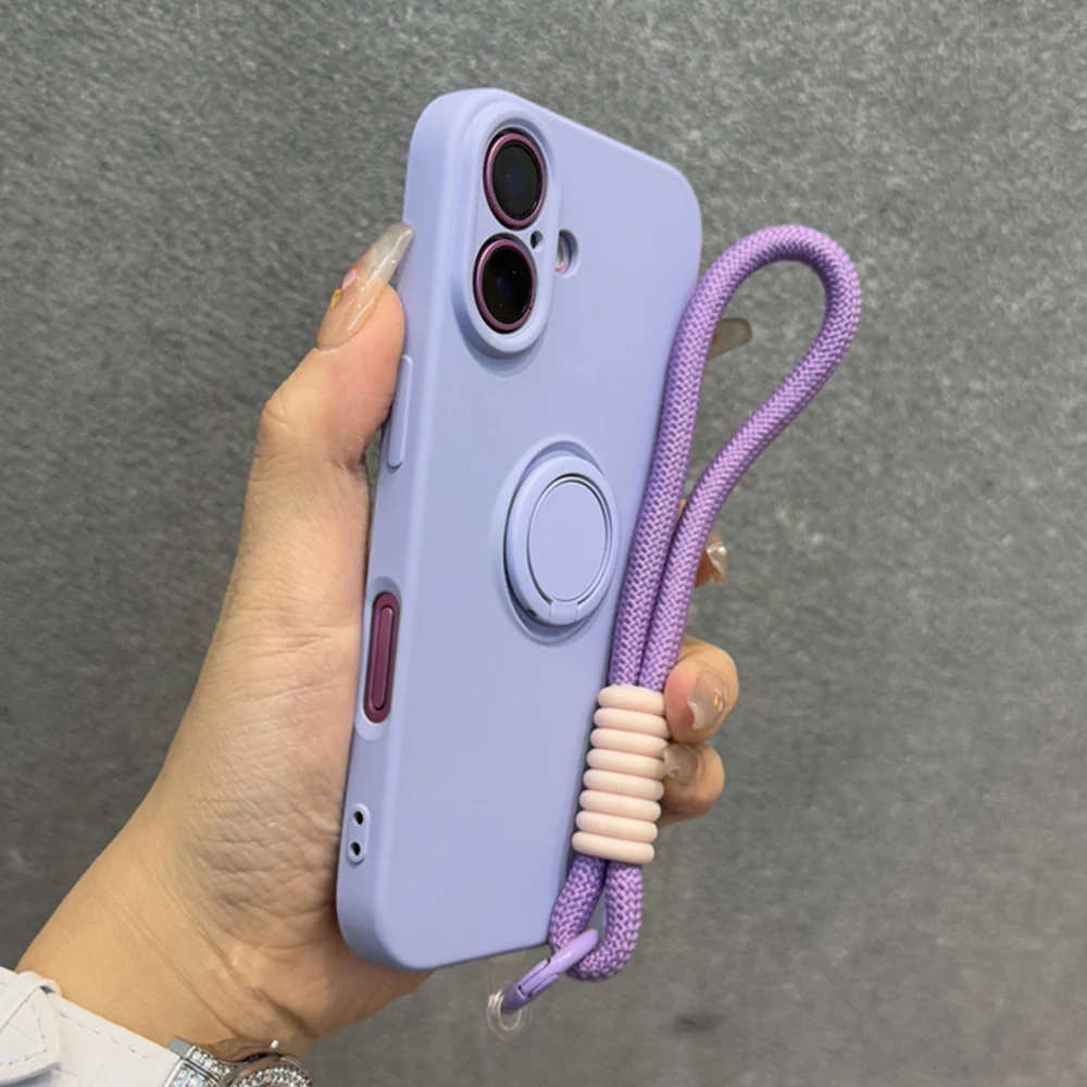 Luxury Solid Liquid Silicone Phone Case with Lanyard and Ring Holder - Matte Frosted Finish