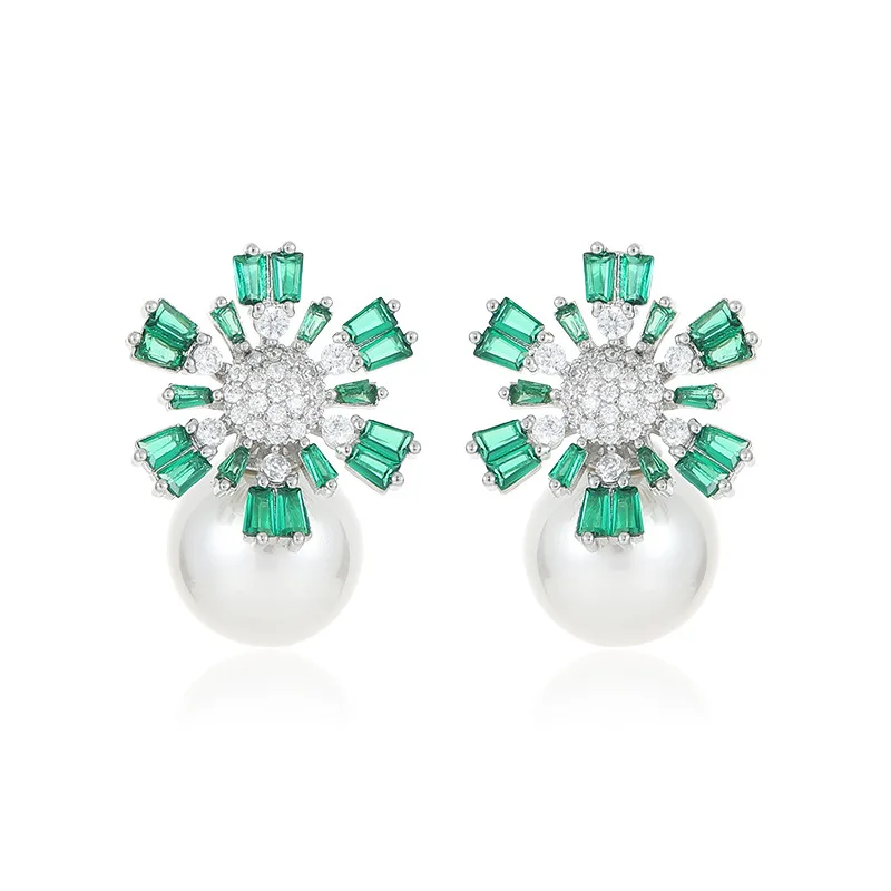 

FXLRY New French Fashion Inlaid Zircon Pearl Snowflake Earrings For Women Wedding Jewelry