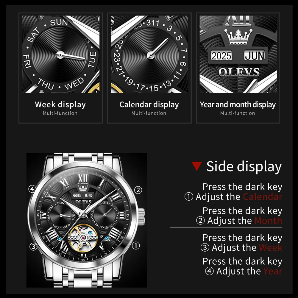 OLEVS 6668 Watch For Men Auto Date Luxury Hollow Skeleton Roman Scale Men's Wristwatch Original Waterproof Mechanical Man Watch
