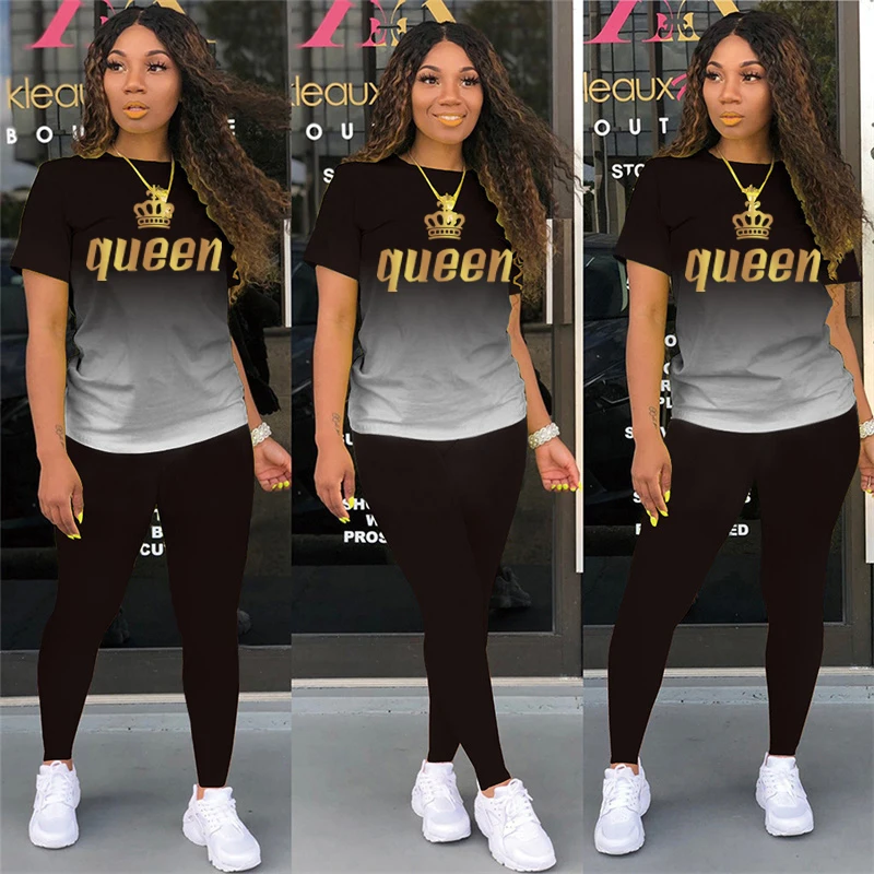 Two Piece Set Women QUEEN Print Outfits Tracksuit Fall Clothes for Female 2022 2 Pieces Sets T Shirts Pants Outfits men women tracksuit suit you are my king queen print funny couples hoodie and pants 2 pieces lovers casual sportwear clothes