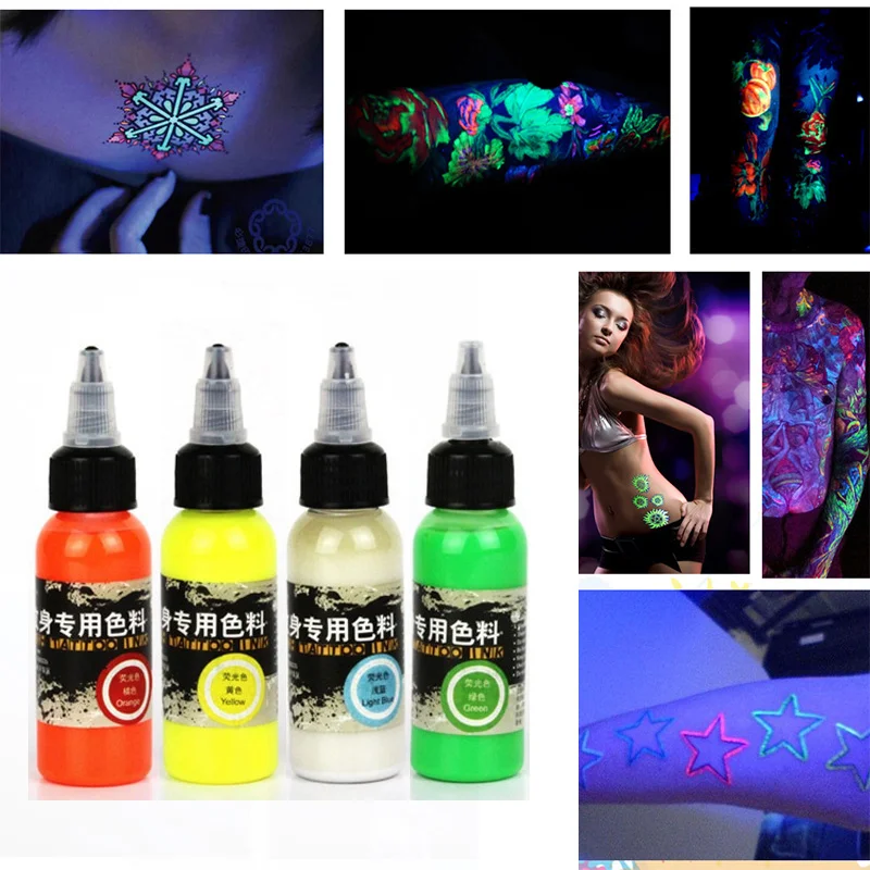 

30ML 4 Colors Temporary Night Light Tattoo Ink Professional Safe Disposable Easy Coloring Body Colored Drawing Airbrush Pigment