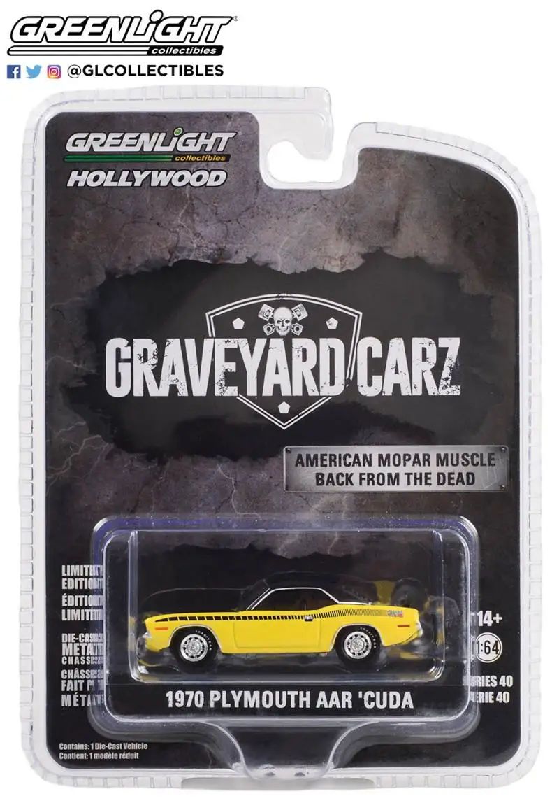 

GreenLight 1/64 1970 Plymouth Aar cuda Коллекционная версия, металлическая литая модель гоночного автомобиля, детские игрушки, подарок
