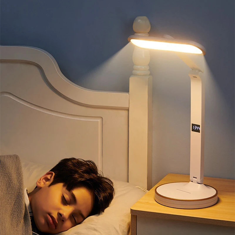 LED 시계 테이블 램프, USB 충전식 조도 조절 데스크 램프, 플러그인 LED 라이트, 접이식 눈 보호 독서 야간 조명