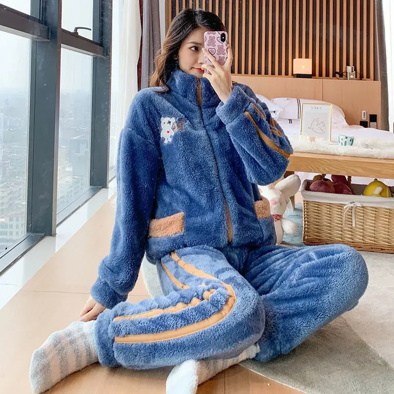 여성용 산호 양털 파자마, 두꺼운 양털 플란넬, 뚱뚱한 여분의 크기, 야외 착용 가능, 세트 라운지웨어, 가을 겨울