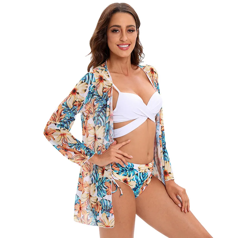 

New Sexy Bathing Suit Women 3 Piece Sets Print Two-Piece Suits Beachwear Swimming Biquini Bikinis + Cover Up Beach Wear Swimsuit
