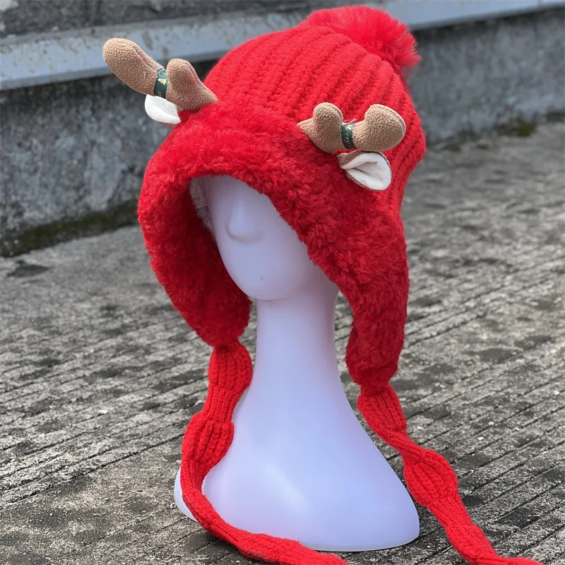 

Christmas Antler knitted Bonnet hat female autumn and winter warm ear protection lamb wool stitching tie windproof hat earflaps