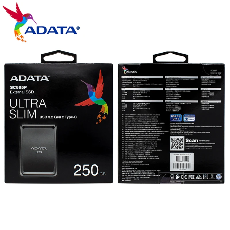 ADATA  ָ Ʈ ̺, ũž  ϵ ̺, SC685P, ޴ SSD, USB 3.2, 2 , 500GB, 250GB