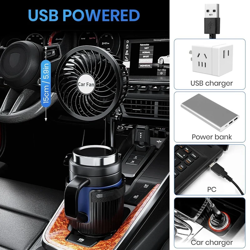 

Car Fan, 2 In 1 USB Fan Car Cup Holder Expander With Adjustable Base, 6Inch Rotatable 2 Speed Portable Auto Cooling Fan Parts