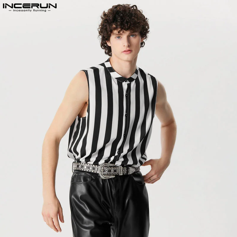 

INCERUN Tops 2024 American Style Handsome New Men's Striped Stand Neck Design Shirts Casual Party Shows Sleeveless Blouse S-5XL