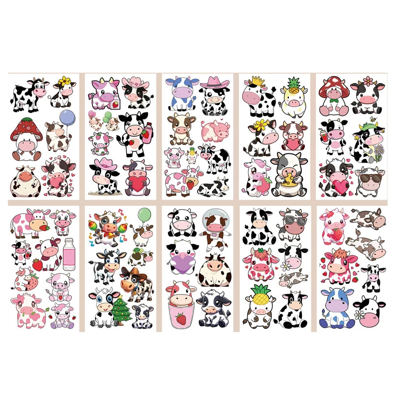10Pcs Cartoon Colorful Cows Temporary Tattoo Stickers Fake Cow Tattoos Stickers Waterproof Funny For Kids Birthday Gift