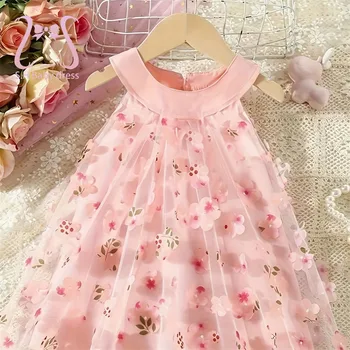 0-3 Years Old Newborn Summer Children Flower Dress Sweet Baby Girl Sleeveless Clothing Lovely Kids Toddlers Pink Baptism Dresses 1