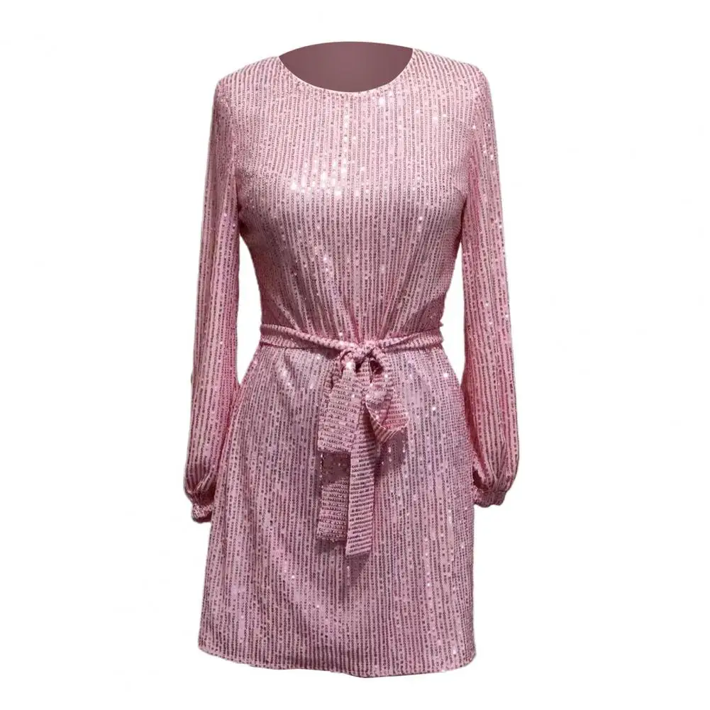 

A-line Sequin Dress Sparkling Sequin Mini Dress with Lace-up Detail Tight Waist for Women Shiny Round Neck Long Sleeve for Women