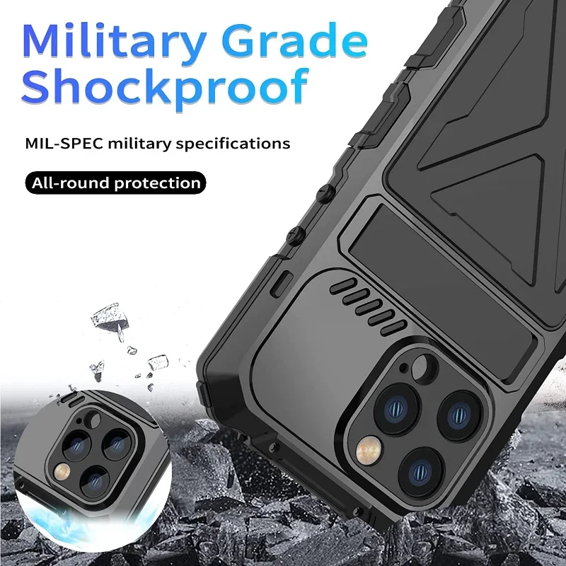 Heavy Duty Metal Frame Case for iPhone 14 Pro Max 14 Plus Kickstand Rugged Silicone Cover with Tempered Glass Screen Protector