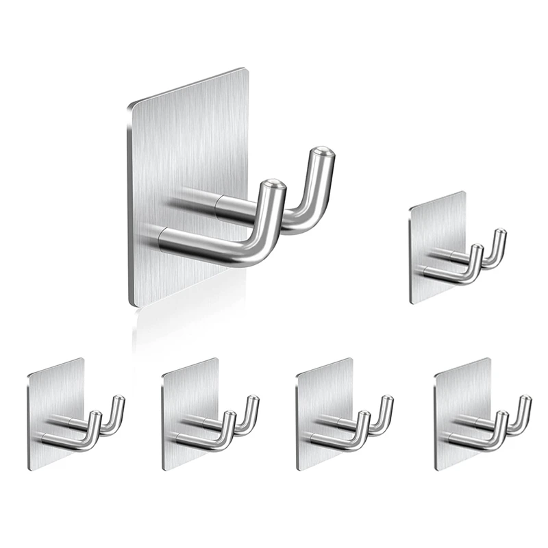 

6Pcs Adhesive Hook, Stainless Steel Towel Robe Shaver Wall Hook Sticky Hanger For Bathroom Kitchen