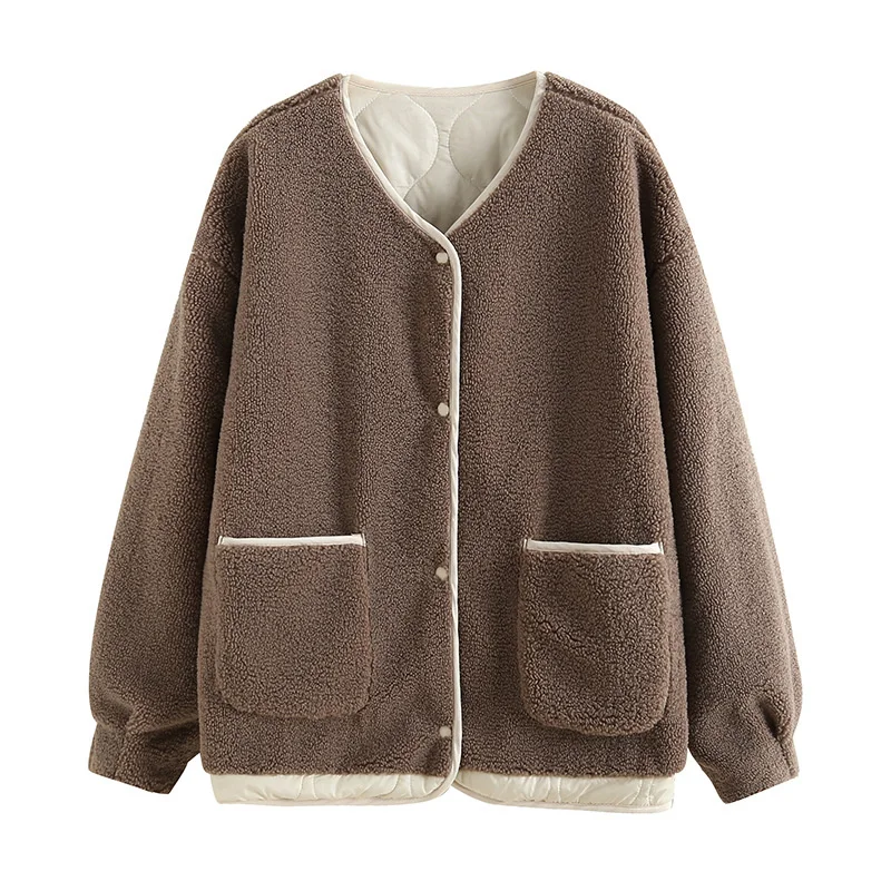 2023 Winter New Thickened Lamb Wool on Both Sides Wear Cotton Suit Coat Female and Thin Lazy Wind Short Cotton Suit Solid Color