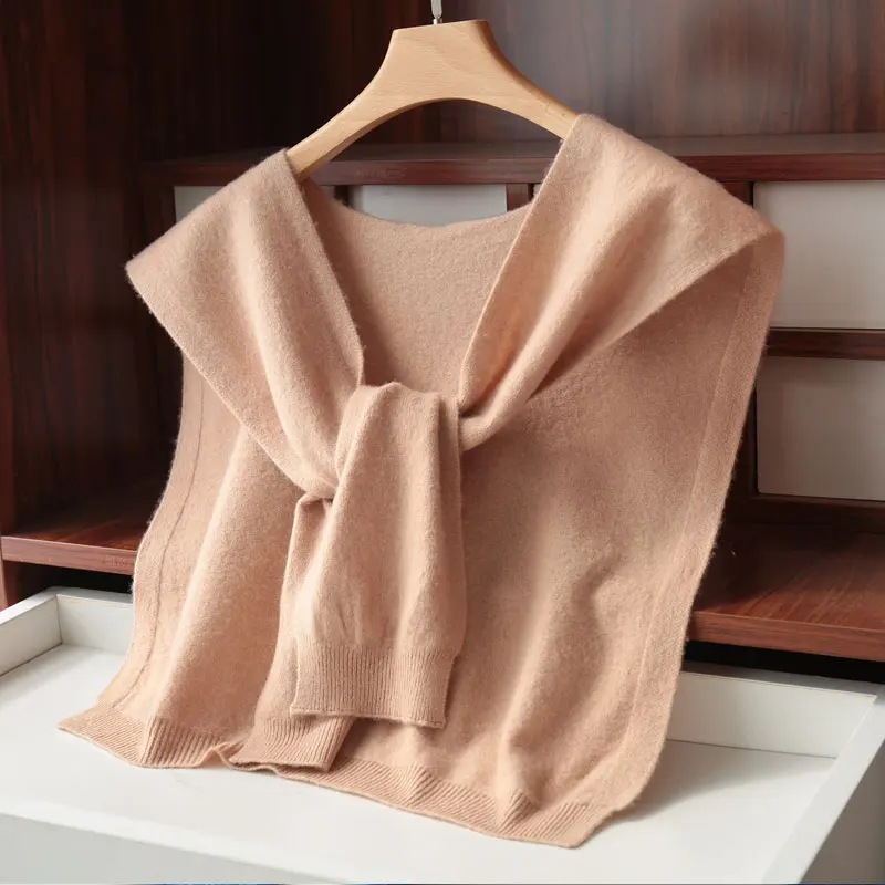 Spring and Autumn 100% Pure Wool Knitted Small Shawl Female Knotted Sweater Scarf Shoulder Neck Protection Cashmere Bib Dual-Use