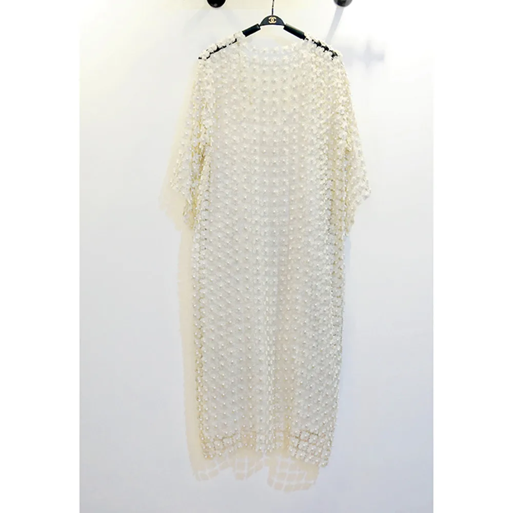 

Женский длинный кардиган в Корейском стиле, свободный Яркий шелковый кардиган с жемчужными бусинами и водорастворимым кружевом