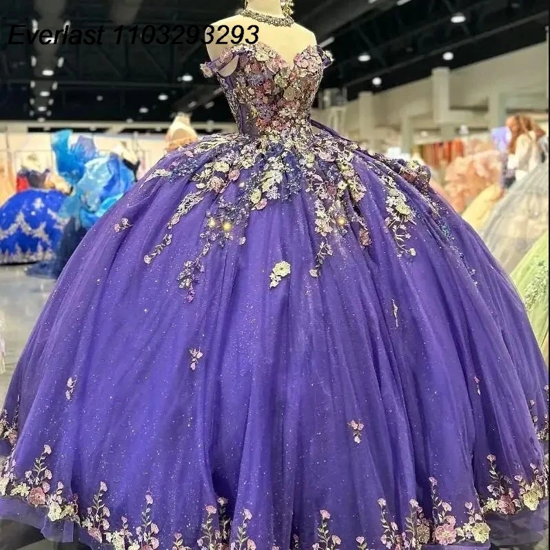 

EVLAST Shiny Purple Quinceanera Dress Ball Gown Colorful 3D Floral Applique Beading Mexico Sweet 16 Vestido 15 De Años TQD253
