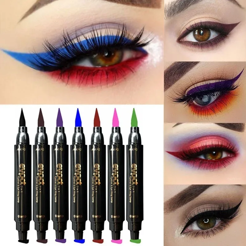 2 In1 Liquid Glitter Eyeliner Stamp Thin Seal Makeup Black Red Green Fast Dry Eye Liner Pencil 7 Color Blue Brown Smoky Eyes eyeliner pencils,liquid eyeliner,eyeliner pen,eyeliner stamps