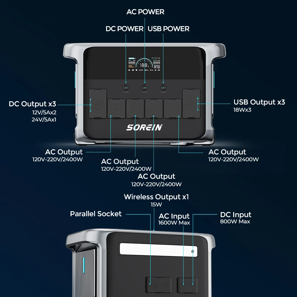 Sorein 2400w 휴대용 태양 광 발전기 태양 광 충전 스테이션 비상 발전기 발전소 2000w 230v