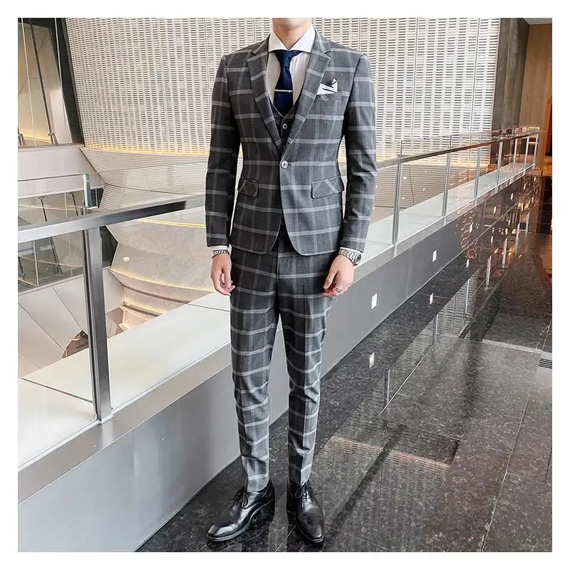 Description Picture 5 of itemTraje De Hombre Elegante (Blazer+vest+pants) Men's Fashion Business Korean Slim-fit Wedding Professional Plaid Elegant Man Suit