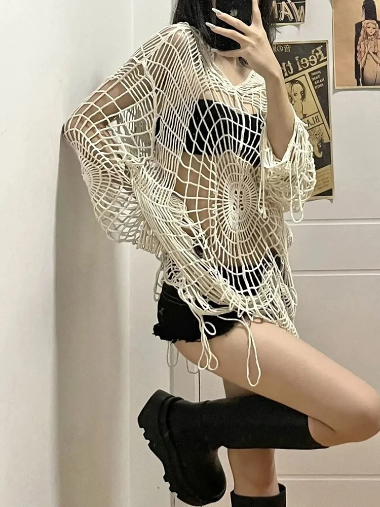 

Jmprs Sexy Hollow Out Women Sweater Spring Spider Web Hooded Pullover Jumper Streetwear Y2K Fashion Knitted 90S Tops