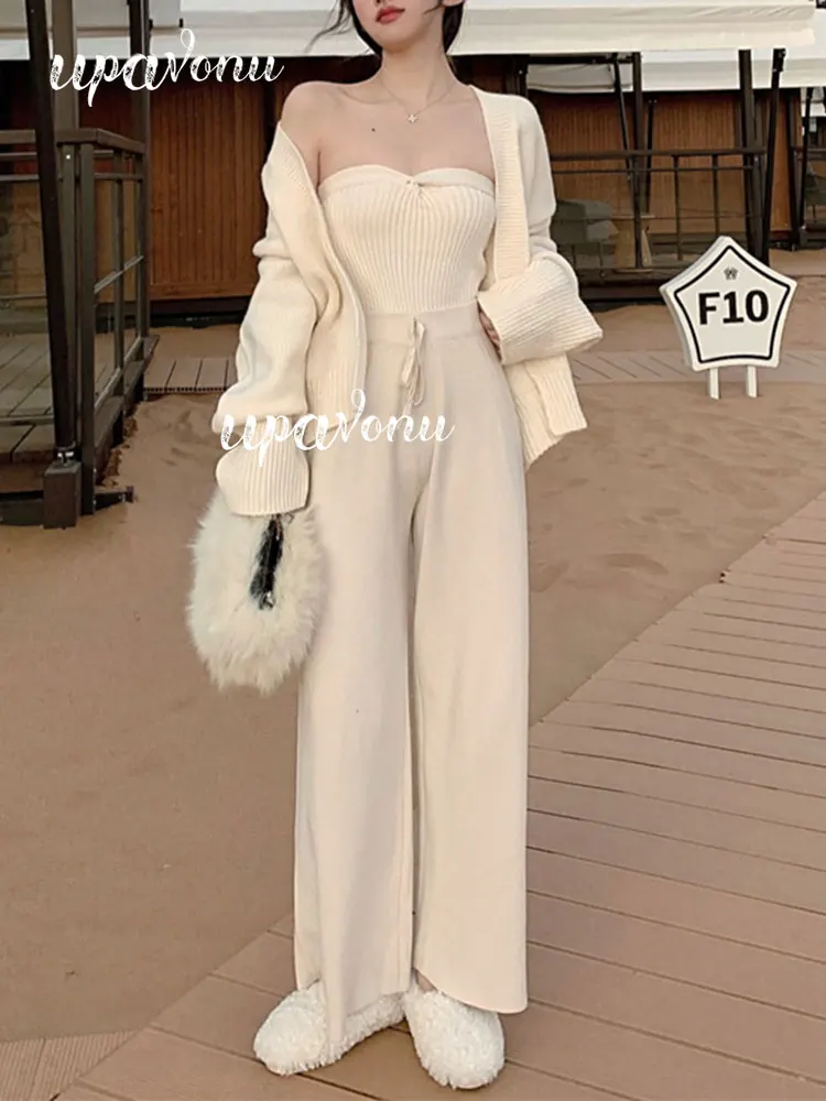 

Elegant Women's Knit 3-Piece Set 2022 Fall Women's Loose Solid Color Cardigan Sweater & Tube Top & Wide Leg Knit Trousers Sets