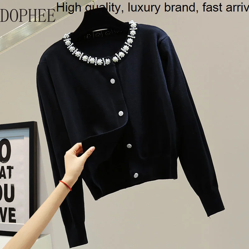 

Beading O-neck Quality Long Sleeve Jumpers Small Cardigans Coat 2023 New Autumn Loose Solid High Waist Casual Short Sweater