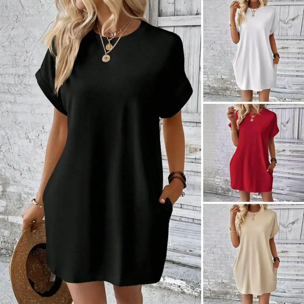

Solid Color Dress Stylish Summer Dresses for Women Mini Dress with Side Pockets Breathable Fabric Crew Neck for Office Dating
