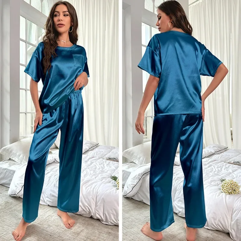 Pajama Sets Women's Satin Autumn Short Sleeve Top Long Pants Sleepwear 2 Piece Set Casual Home Loose