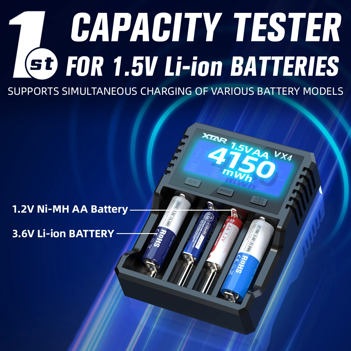 Battery Charger XTAR VX4 18650 Visible Mixer Rechargeable AAA/AA Li-ion /Ni-MH /LiFePO4 20W fast charging LCD display