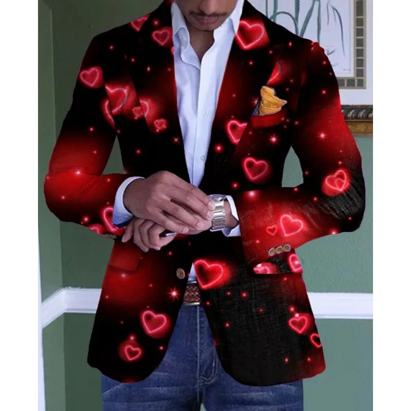 Mens Blazer Jacket Valentine's Day Business Pattern Print Gradient Pockets Single Breasted Blazer Men Slim Fit Wedding for Men