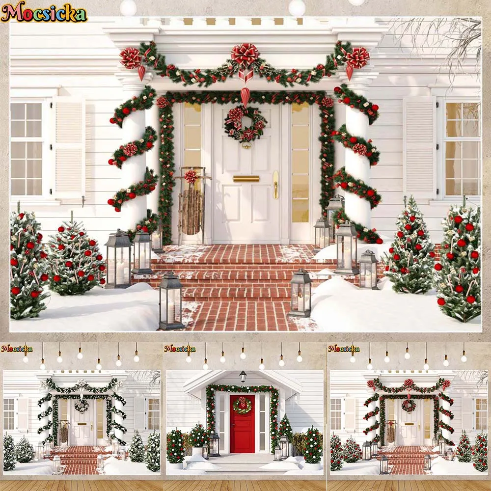 

Mocsicka White House Christmas Backdrop Xmas Wreath Pine Tree Snow Kids Adult Photography Background Photostudio Photocall Props