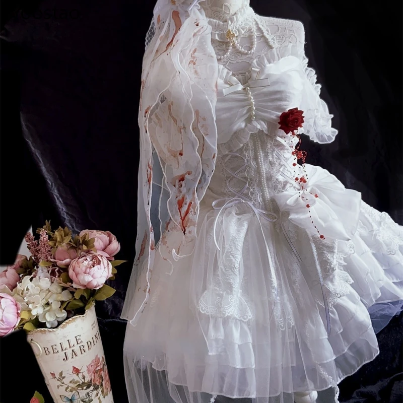 Gothic Lolita Princess Dress Vintage Terror Blood Bride Halloween Party Female Y2k Bandage Rose Lace Mini Dress