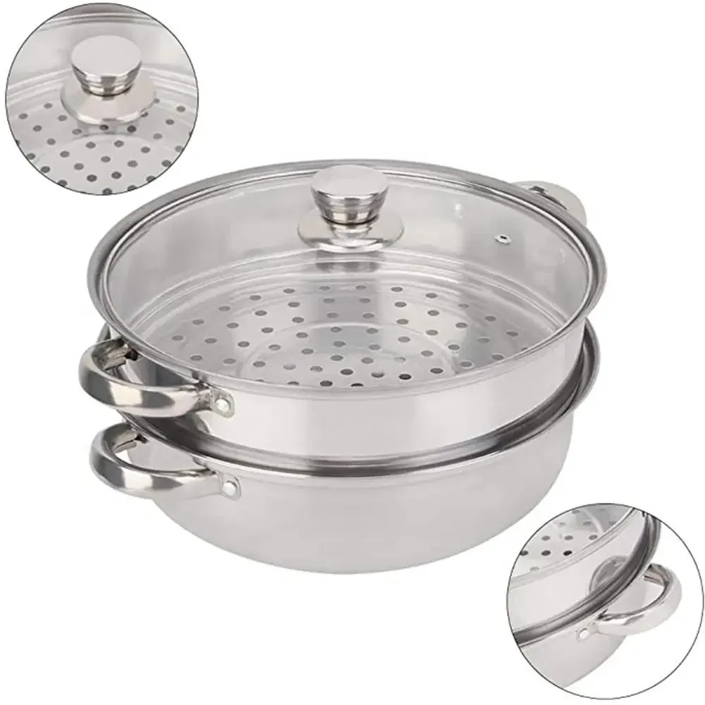 28cm 2-Layer Steamer Stainless Steel Kitchen Boiling Soup Steaming Pot with Lid for Home Silver Hot Pot Steamer Veg Cooker 28cm 2-Layer Steamer Stainless Steel Kitchen Boiling Soup Steaming Pot with Lid for Home Silver Hot Pot Steamer Veg Cooker