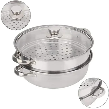 28cm 2-Layer Steamer Stainless Steel Kitchen Boiling Soup Steaming Pot with Lid for Home Silver Hot Pot Steamer Veg Cooker