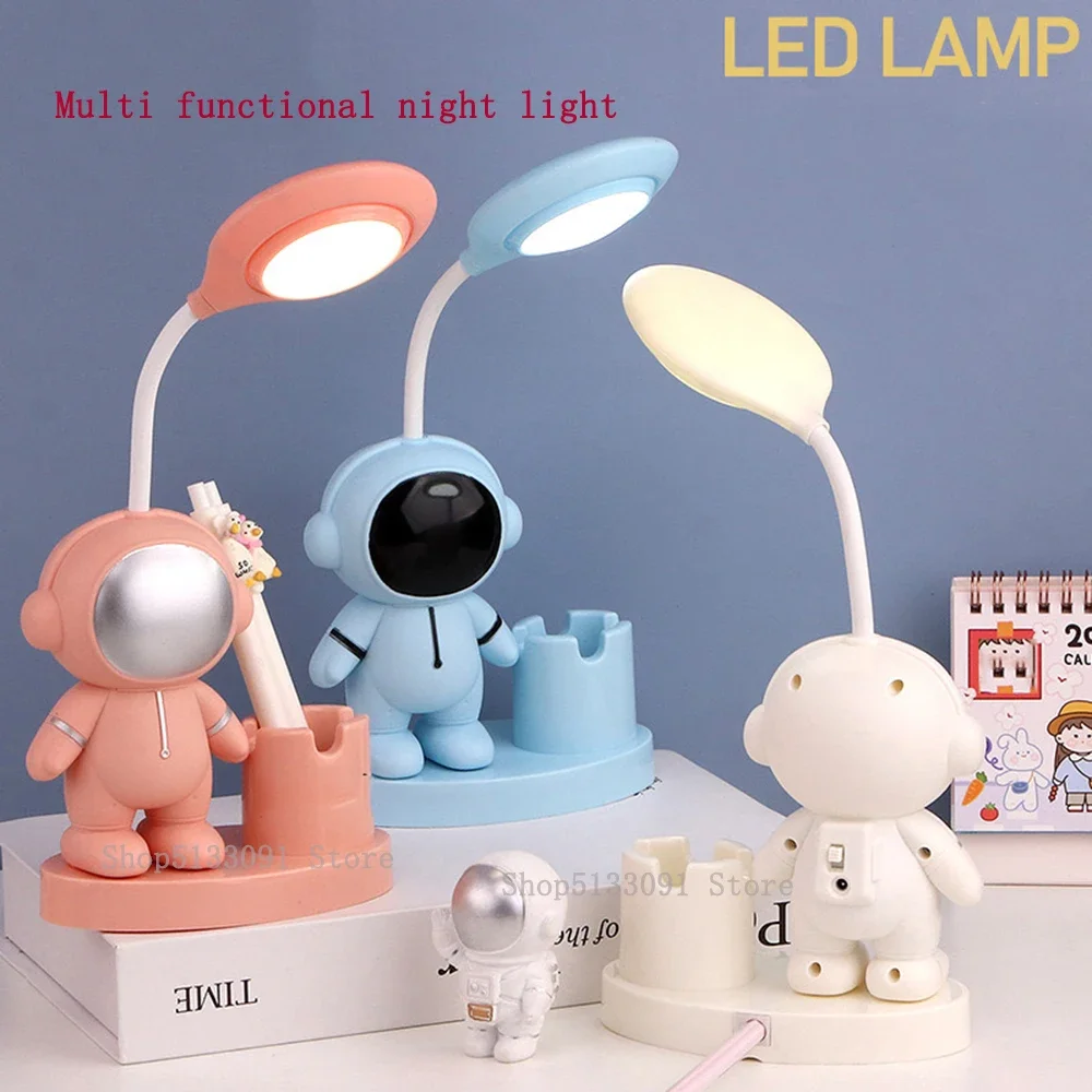 연필 샤프너가 있는 창의적인 우주 비행사 LED 스터디 데스크 램프, 침대 옆 색상 조정 테이블 램프, 어린이 학생 방 야간 조명