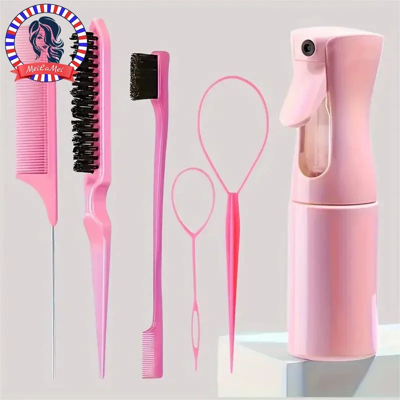 6pcs Set Hair Brush Hairdressing Spray Bottle Braiding Loop Rat Tail Comb...