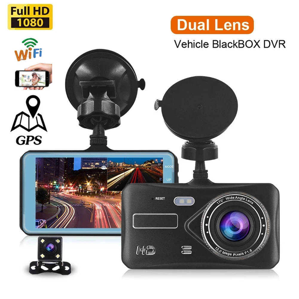 

Видеорегистратор автомобильный 1080P Full HD с камерой заднего вида, GPS, Wi-Fi