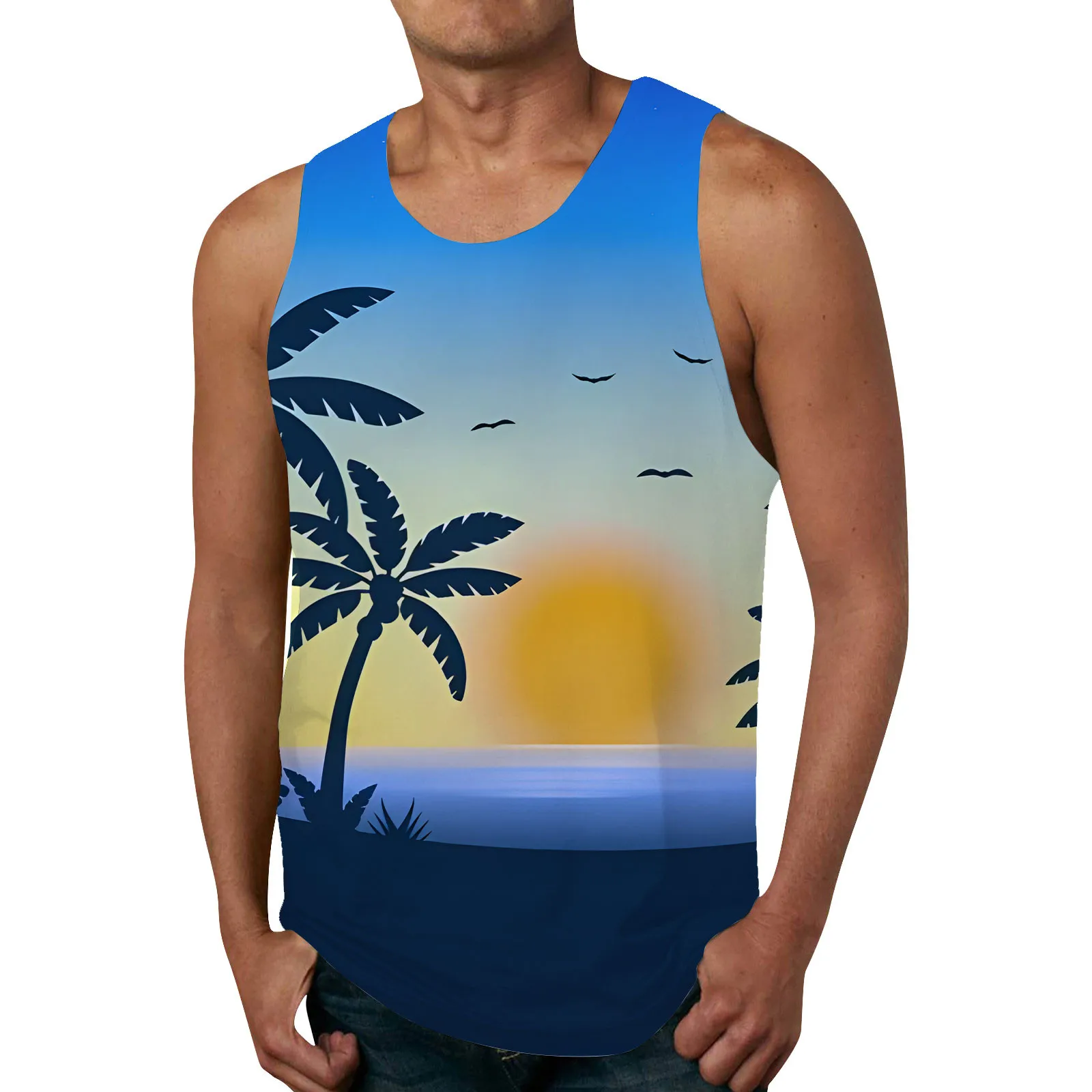 Hawaiian Tanks For Men Casual Fashionable Versatile Sleeveless Tank Summer Beach Printed Round Neck Tank Top футболка женский
