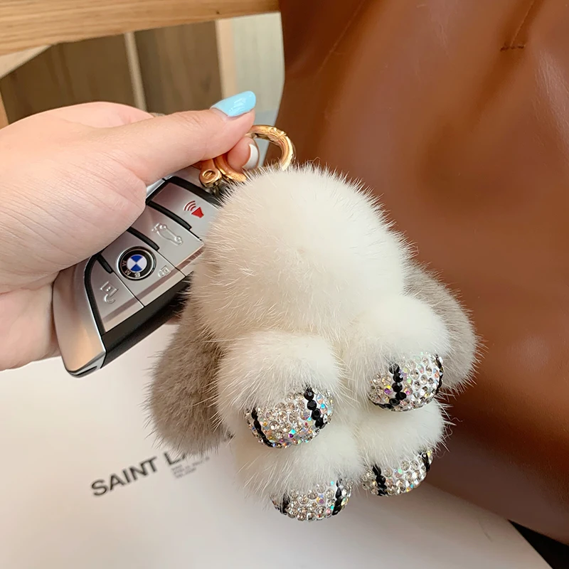 Cute Long Ear Bunny Keychain Real Mink Fur Rabbit Doll Pendant Toys Keyring Handbag Charm Ornament Pompom Plush Jewelry Gifts