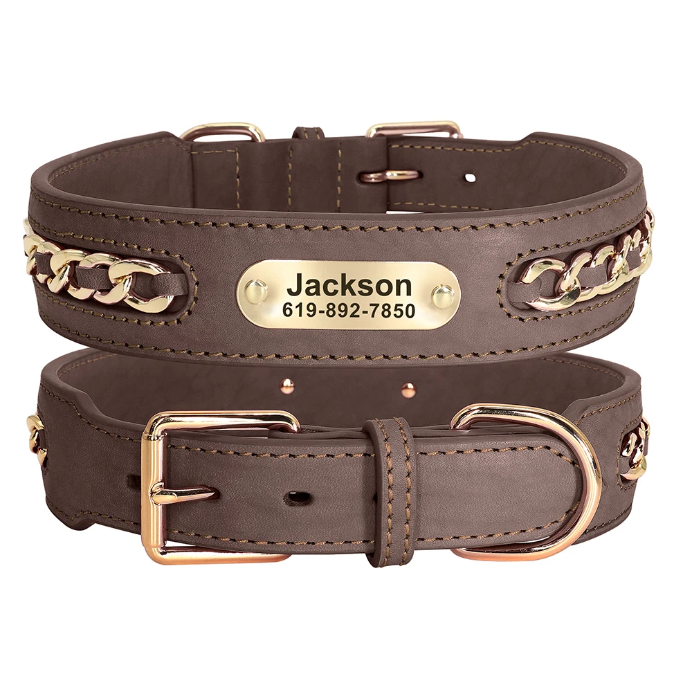 Personalized Dog Collar Durable Leather Dogs ID Collars With Anti-lost Name Tag Chain Accessories for Small Medium Large Dogs