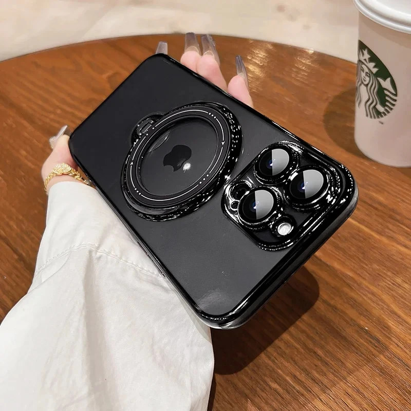 thumbnail image 1 of Transparent Plating Luxury Standing Holder Magnetic Case For iPhone 15 Plus 14 13 12 11 Pro Max For Magsafe Ring Bracket Cover, 1 of 5